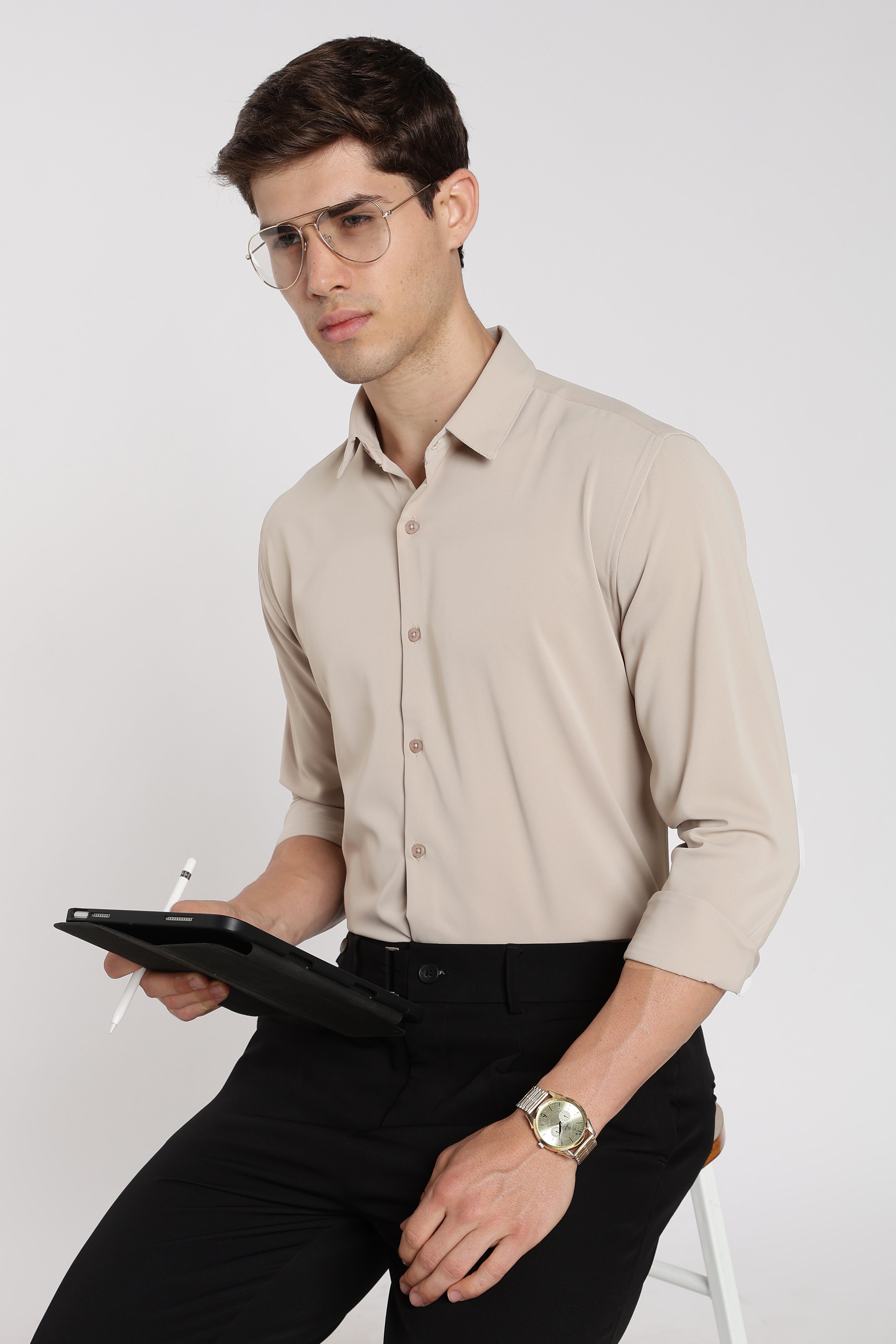 Men’s Beige Imported Japanese Lycra Formal Shirt