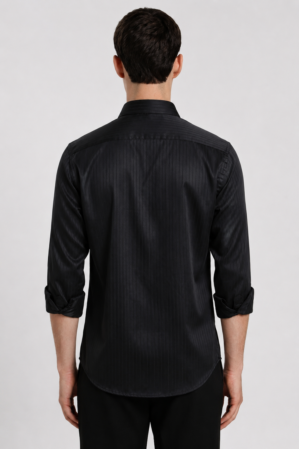 Black satin stripe shirt – back view | Duch Clothing