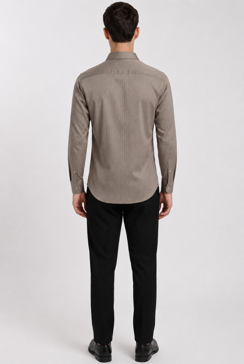 Khaki satin stripe shirt – back view | Duch Clothing