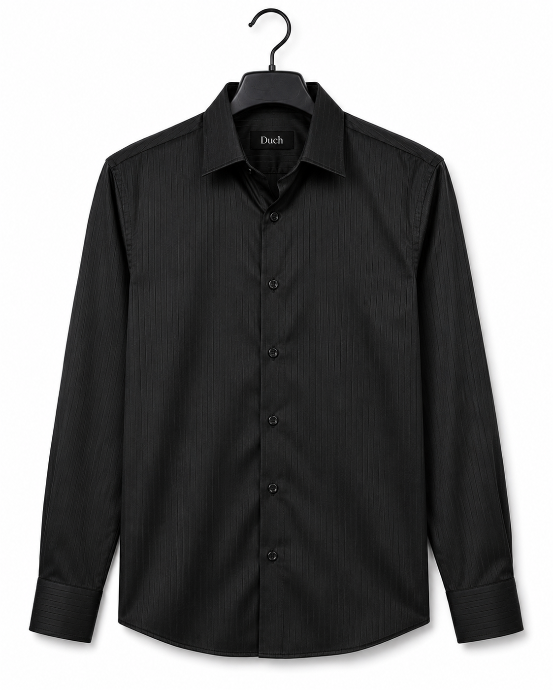 Black satin stripe slim fit shirt on hanger | Duch Clothing