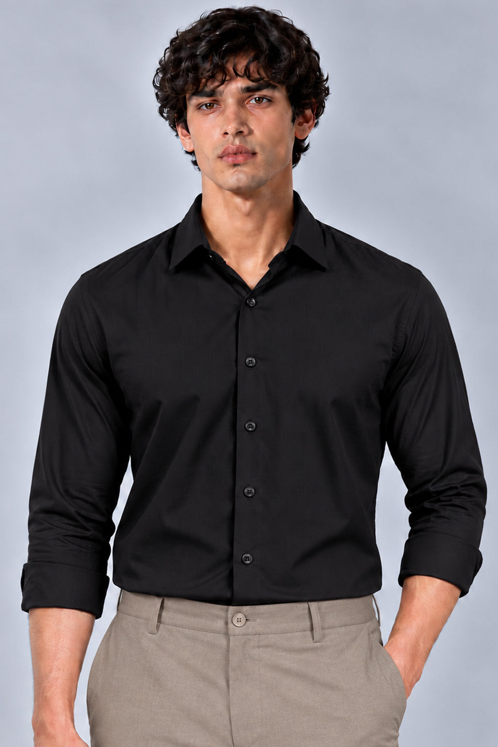 Men's Black Satin Stripe Slim Fit Full Sleeve Formal Shirt