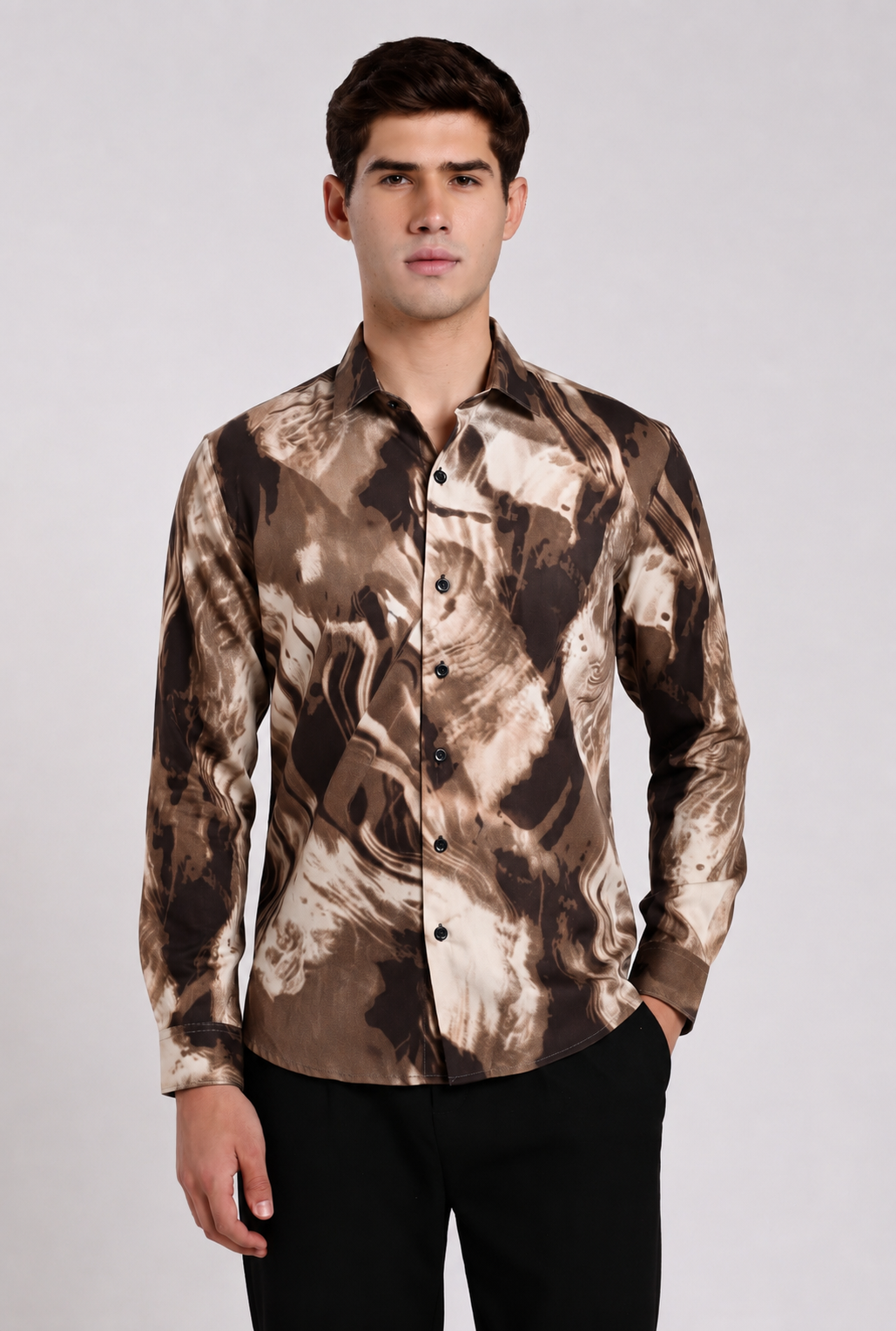 Men's Brown Abstract Marble Print Regular Fit Casual Shirt