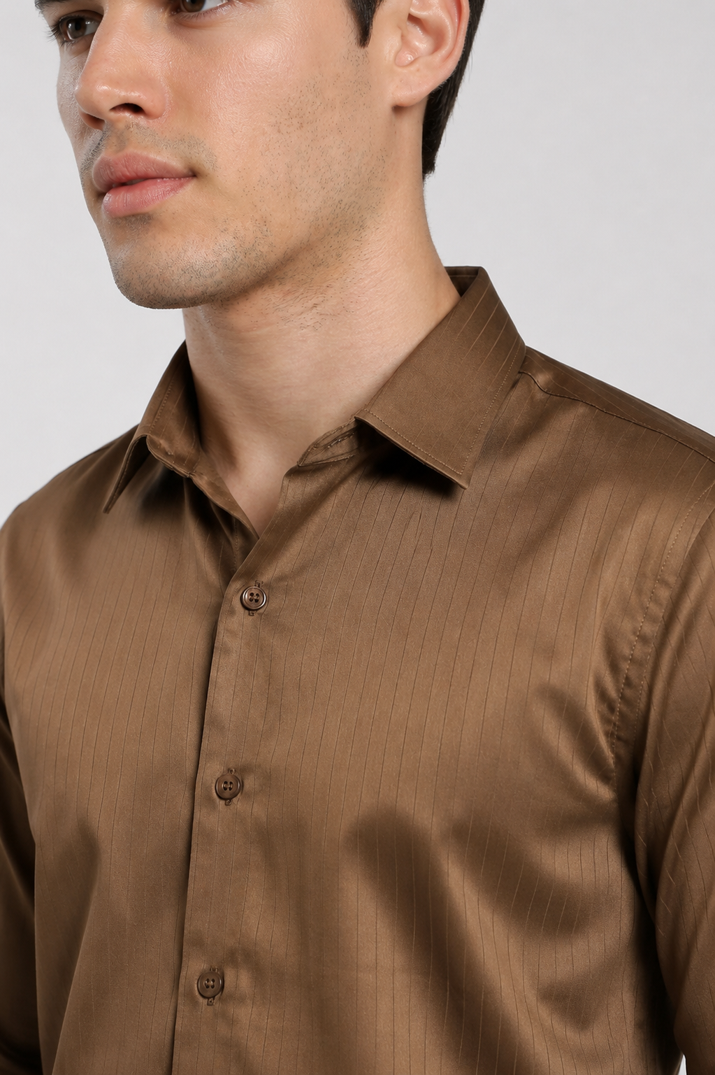 Close-up of coffee brown satin slim fit shirt | Duch Clothing