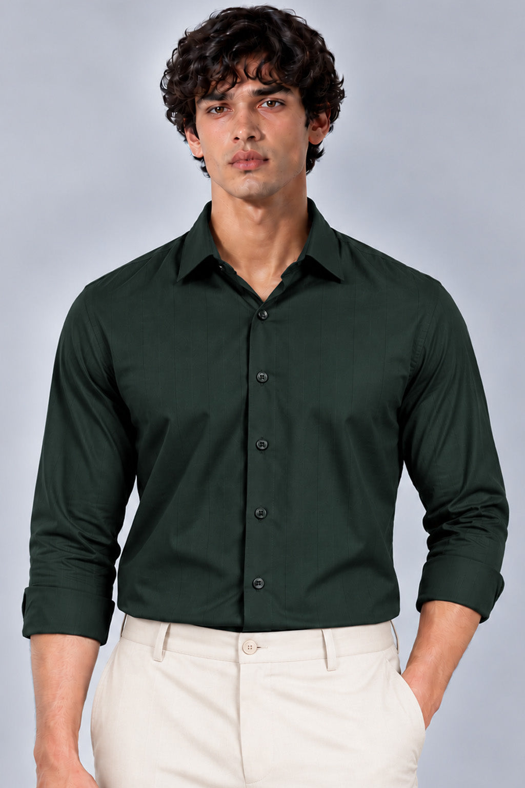 Men's Dark Green Satin Stripes Slim Fit Full Sleeve Formal Shirt