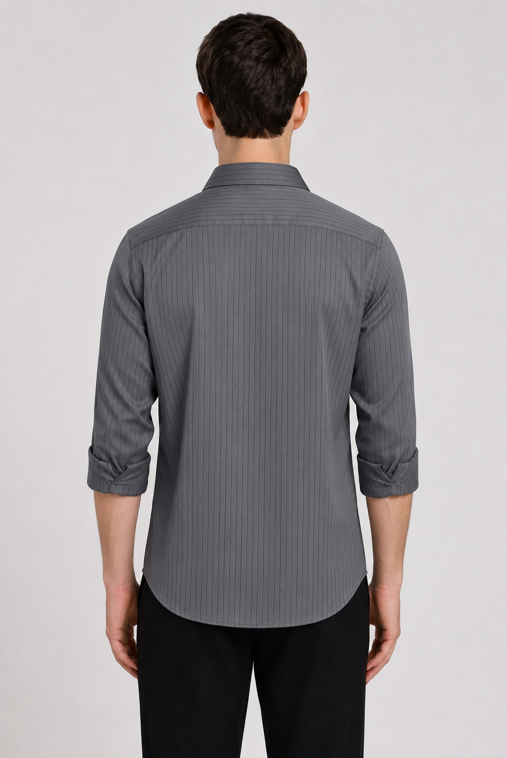 Charcoal grey satin stripe shirt – back view | Duch Clothing