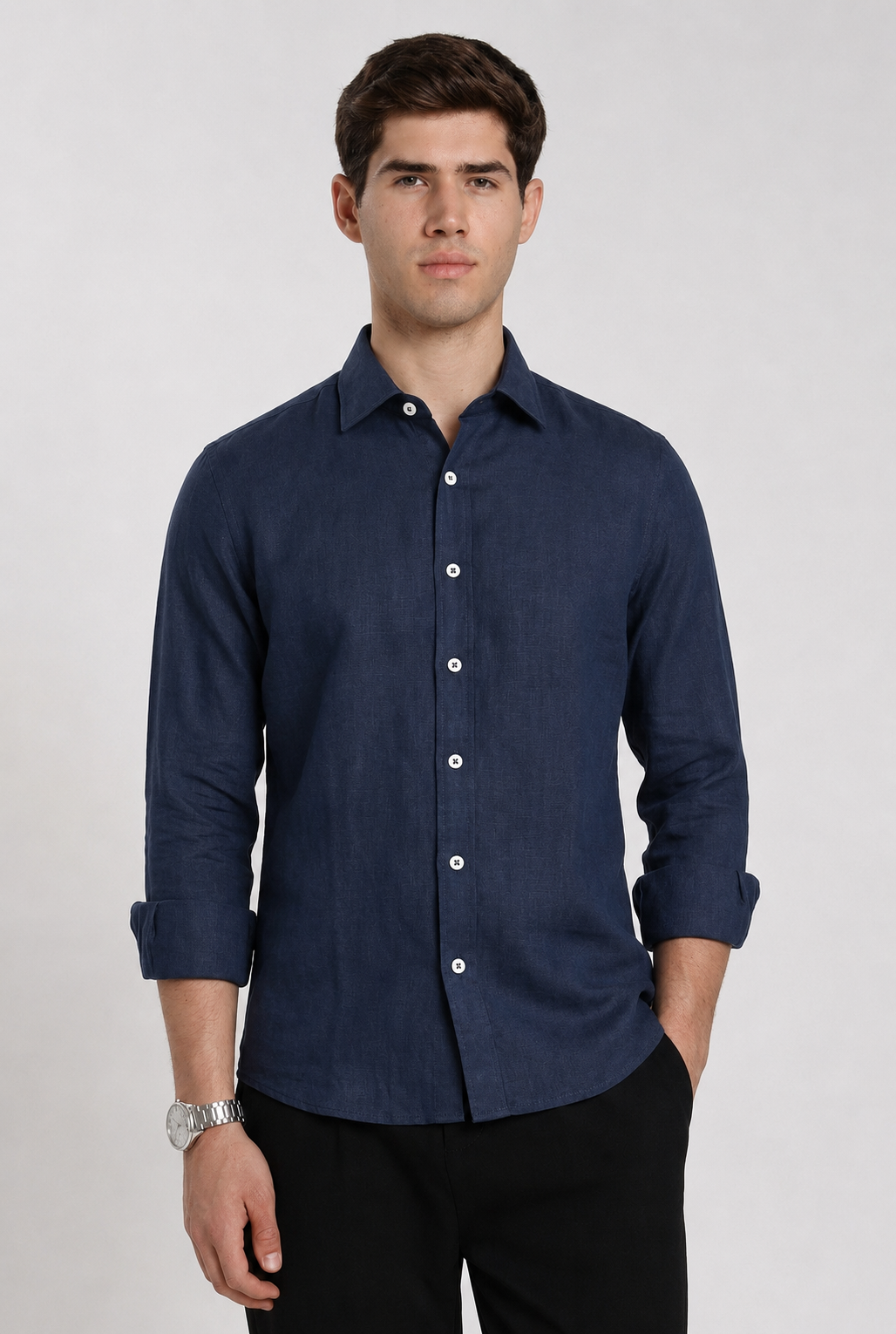 Man wearing a navy blue linen slim fit full sleeve casual shirt by Duch Clothing