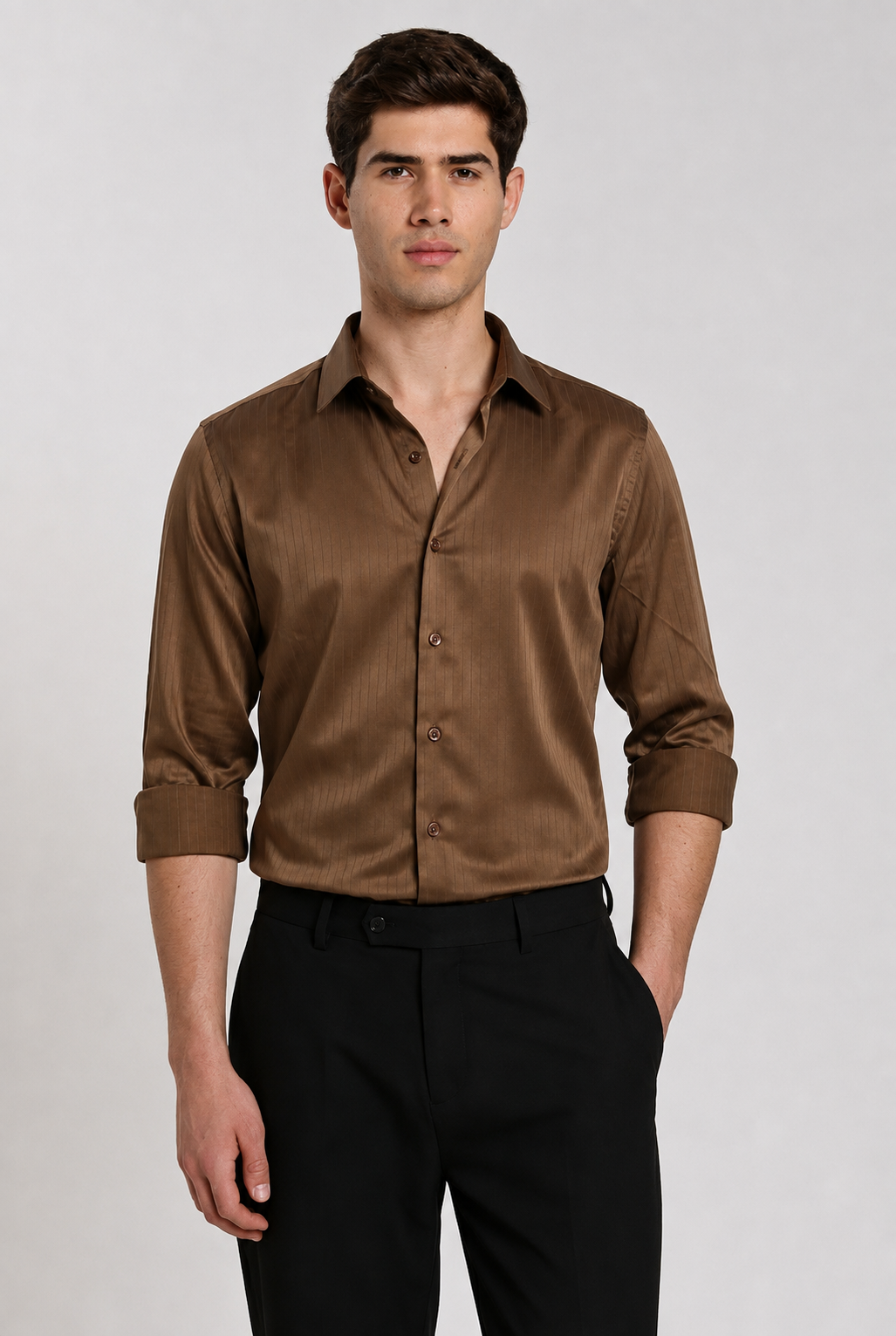 Man wearing a coffee brown satin slim fit full sleeve formal shirt by Duch Clothing