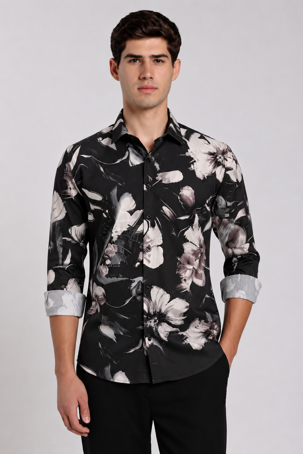 Men's Black Watercolor Floral Print Regular Fit Casual Shirt