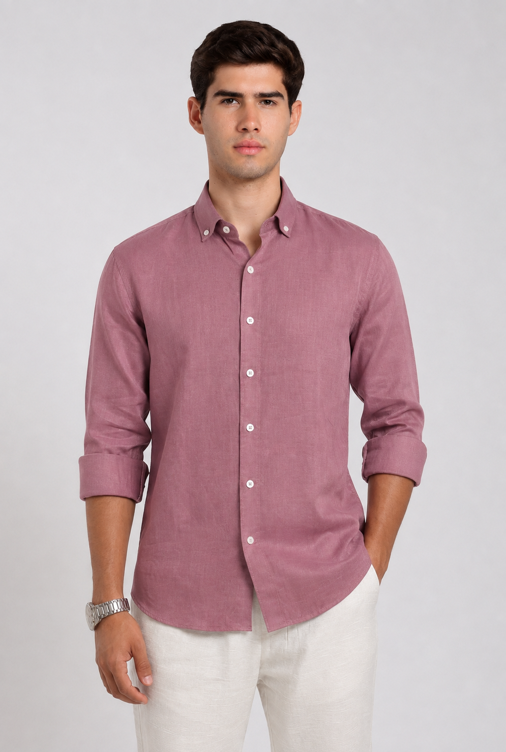 Man wearing a mauve linen slim fit full sleeve casual shirt by Duch Clothing