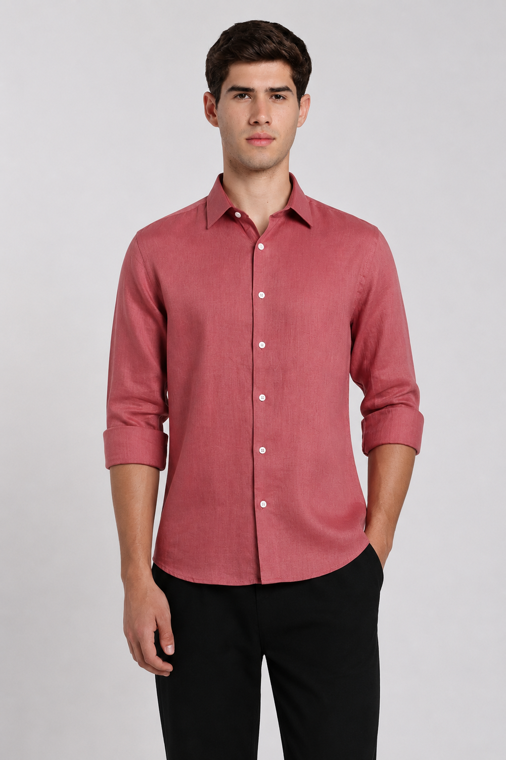 Man wearing a dusty rose linen slim fit full sleeve casual shirt by Duch Clothing