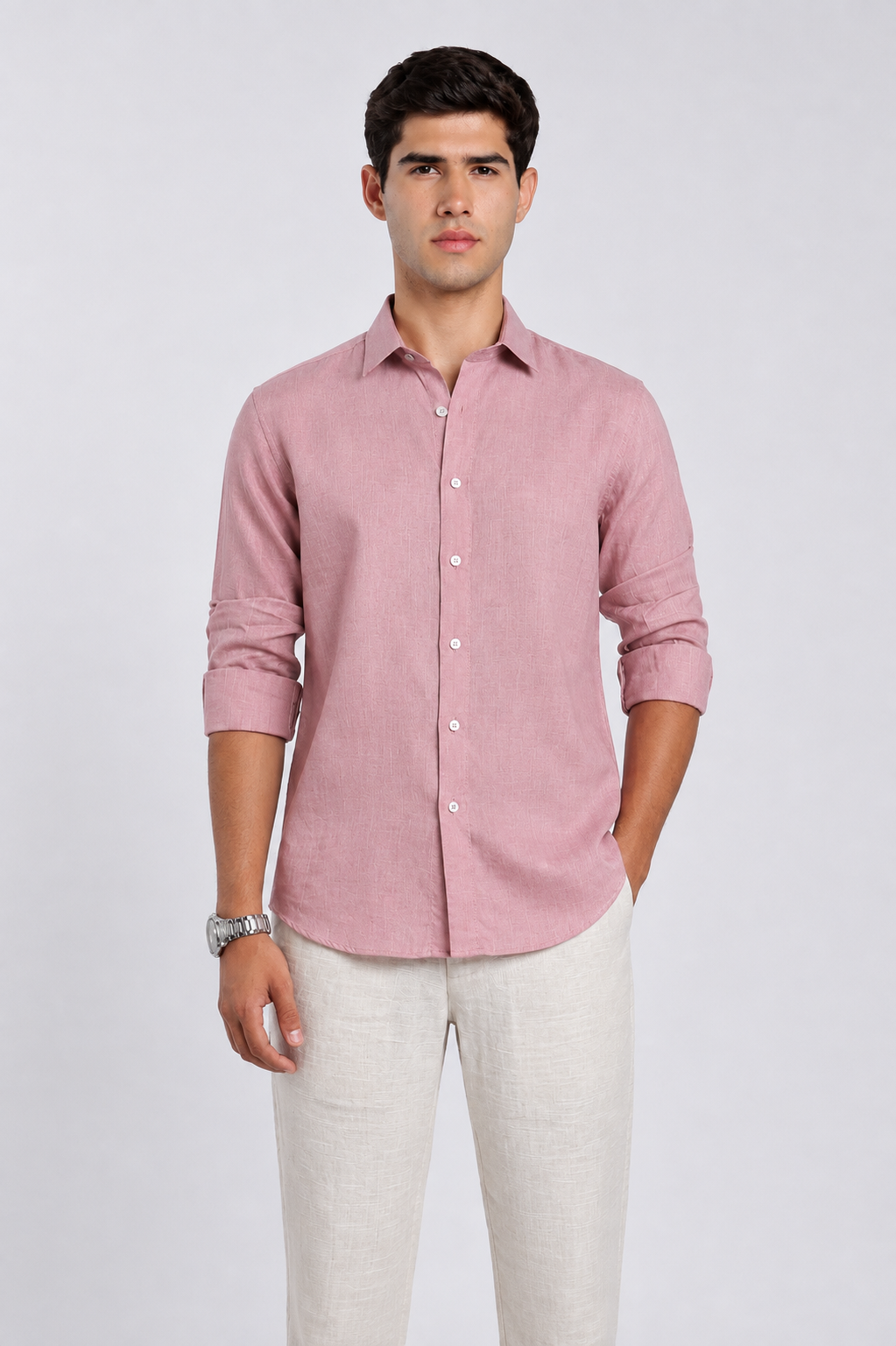 Man wearing a baby pink linen slim fit full sleeve casual shirt by Duch Clothing"