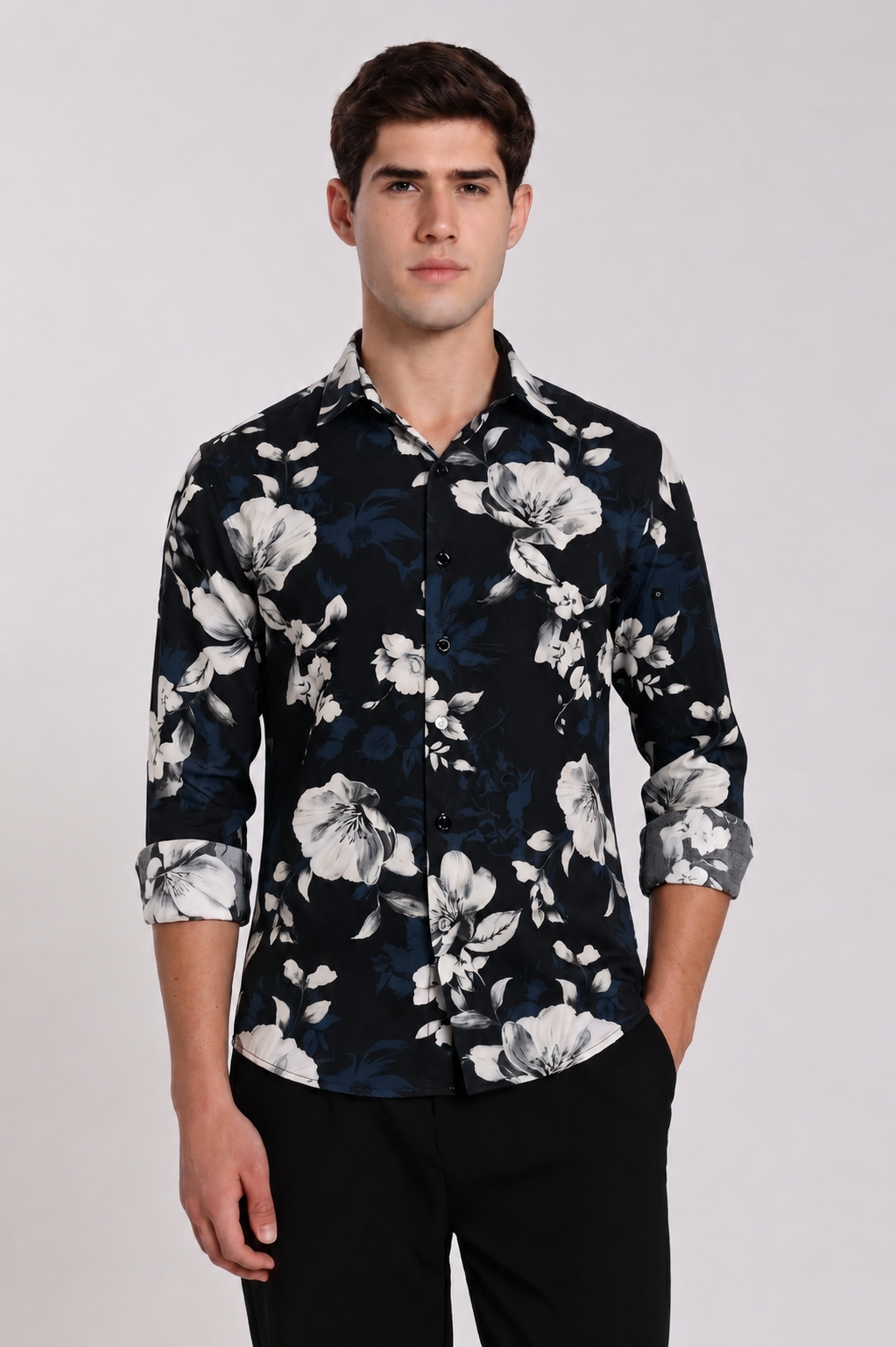 Men's Black Floral Print with Navy Blue Regular Fit Casual Shirt