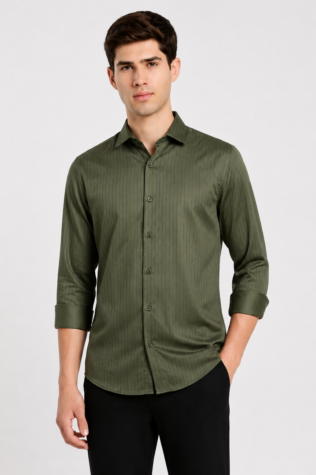 Man wearing an olive green satin stripe slim fit full sleeve shirt by Duch Clothing