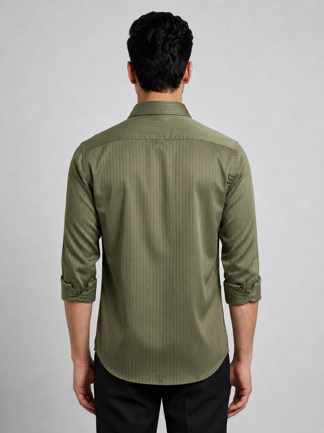 Olive green satin stripe shirt – back view | Duch Clothing