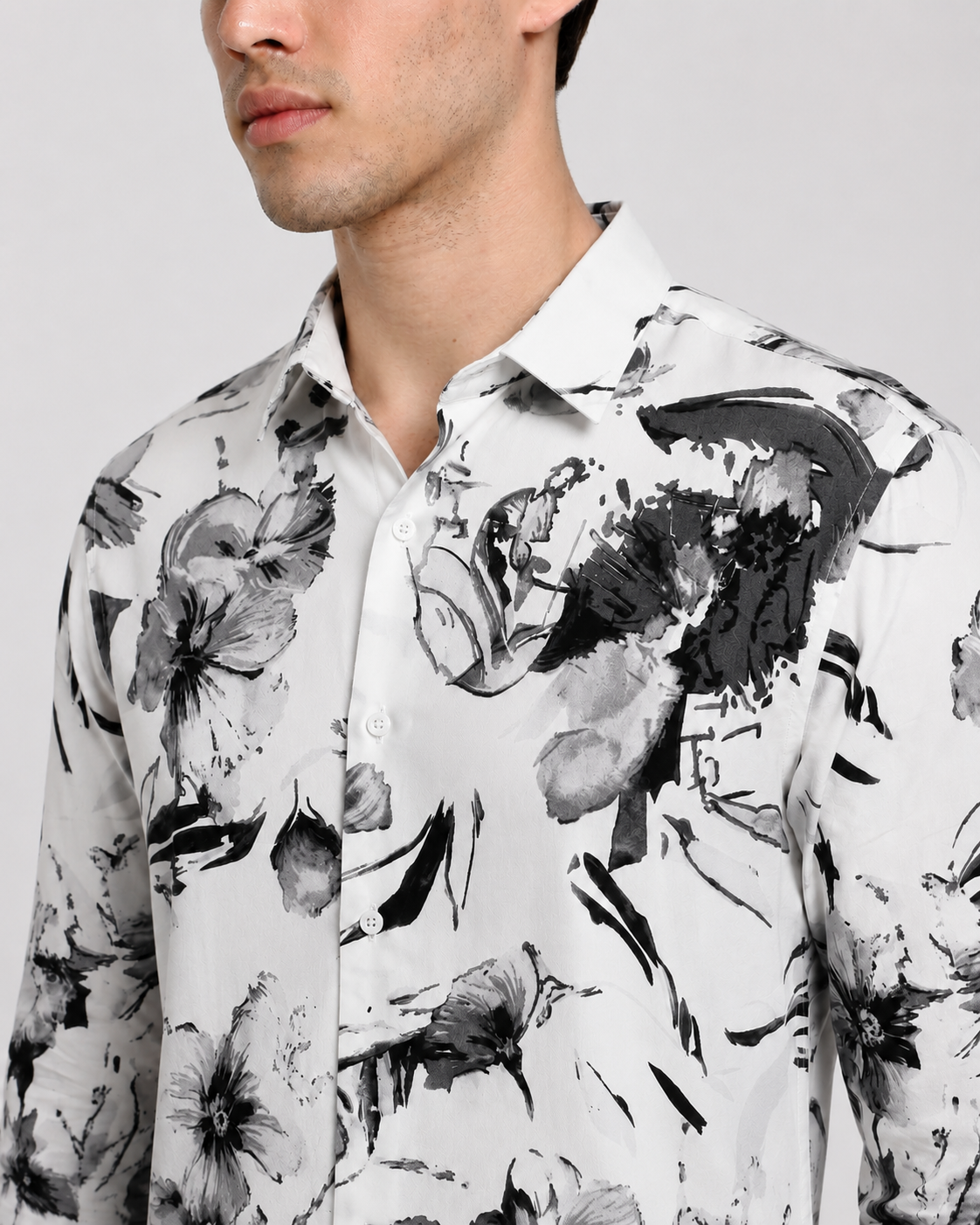 Men's White Floral Print with Grey Abstract Regular Fit Casual Shirt