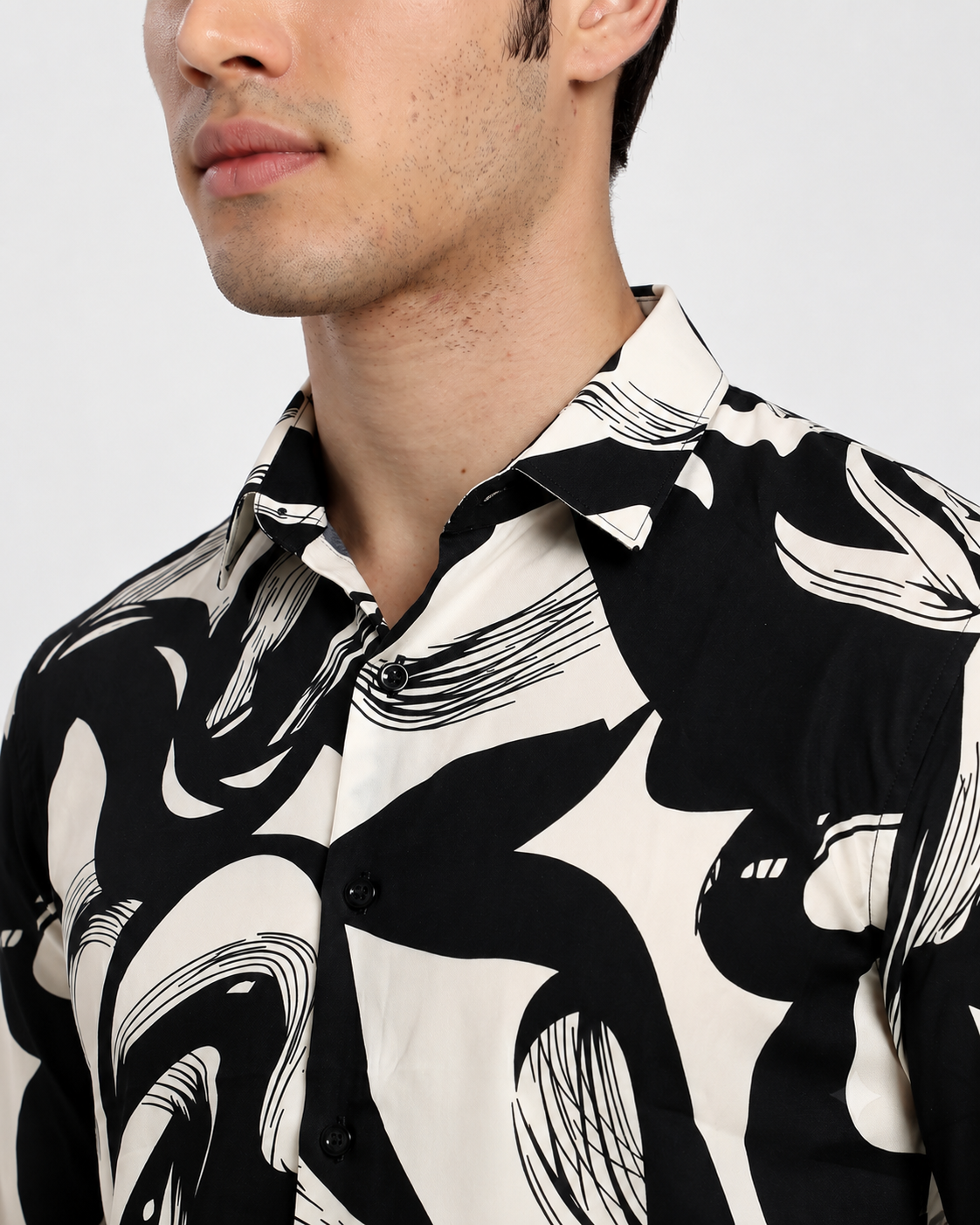 Men's Black & White Abstract Line Art Regular Fit Casual Shirt