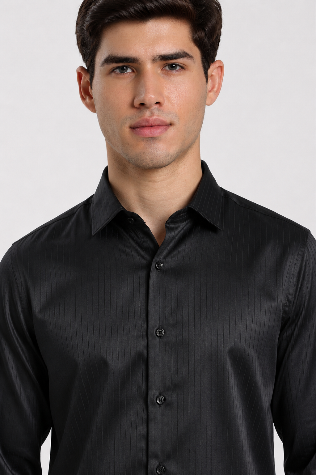 Close-up of black satin stripe slim fit shirt | Duch Clothing
