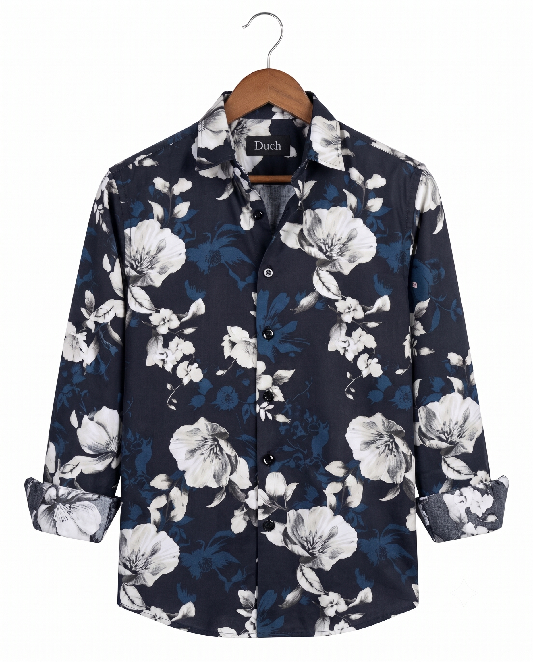 Men's Black Floral Print with Navy Blue Regular Fit Casual Shirt