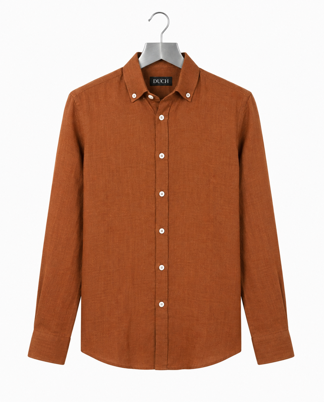 Rust orange linen slim fit shirt on hanger | Duch Clothing