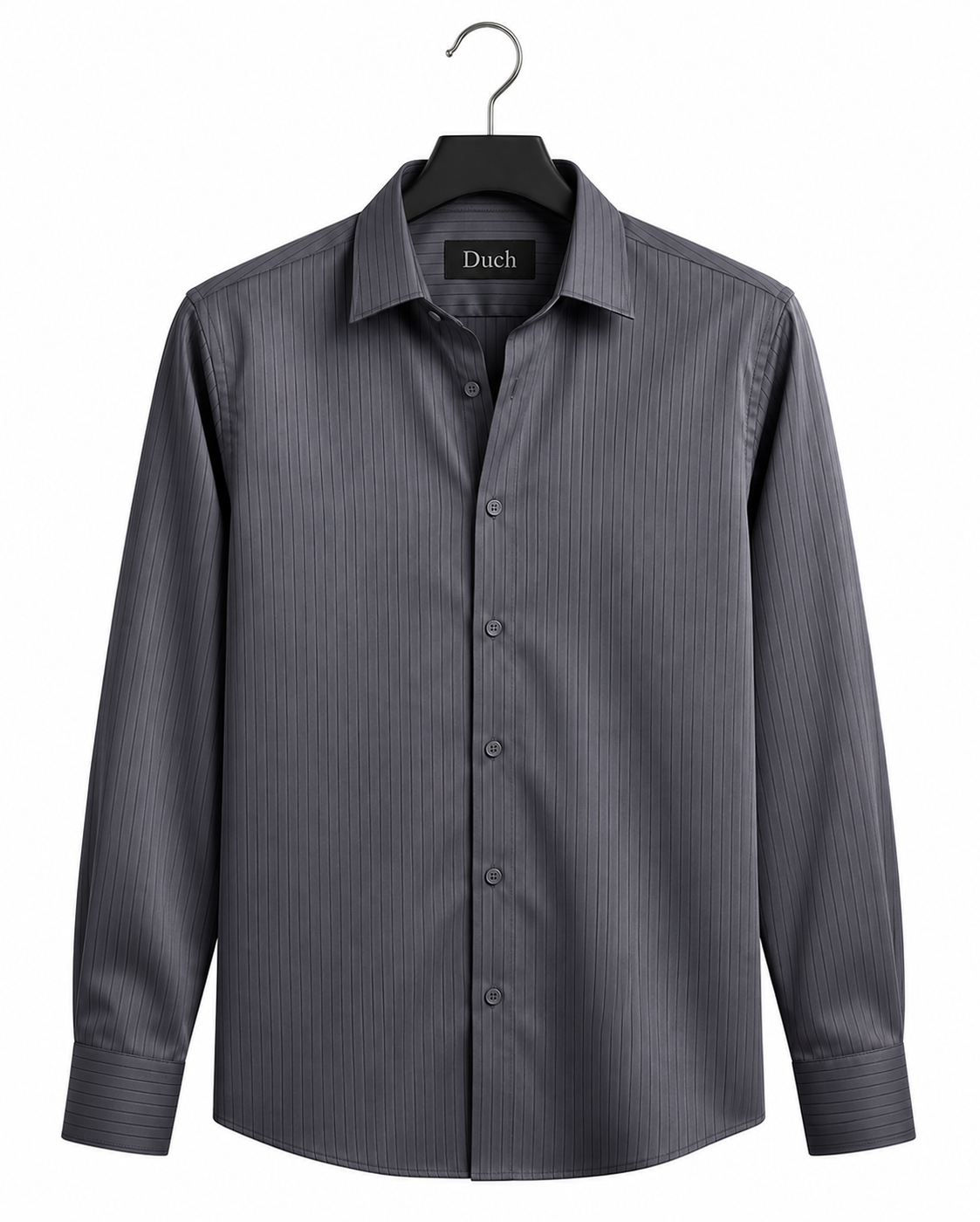 Charcoal grey satin stripe slim fit shirt on hanger | Duch Clothing