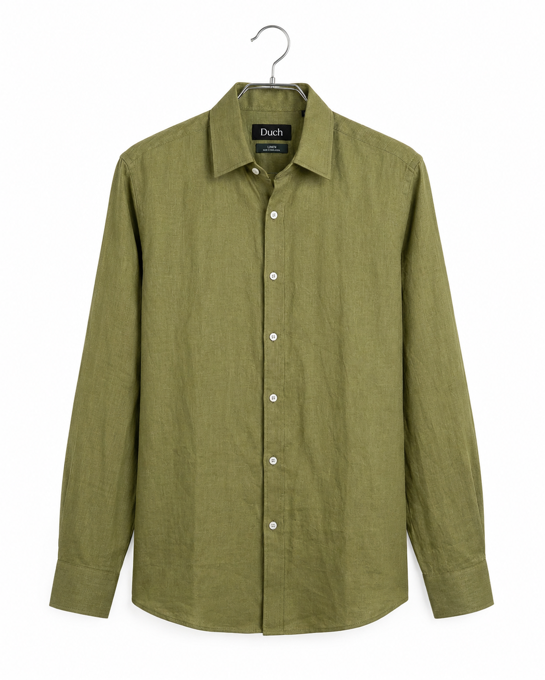 Sage green linen slim fit shirt on hanger | Duch Clothing