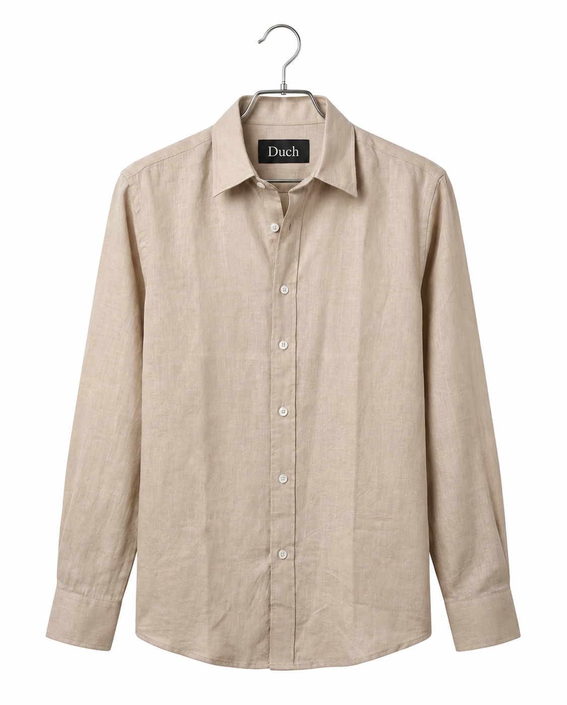 Beige linen slim fit shirt on hanger | Duch Clothing