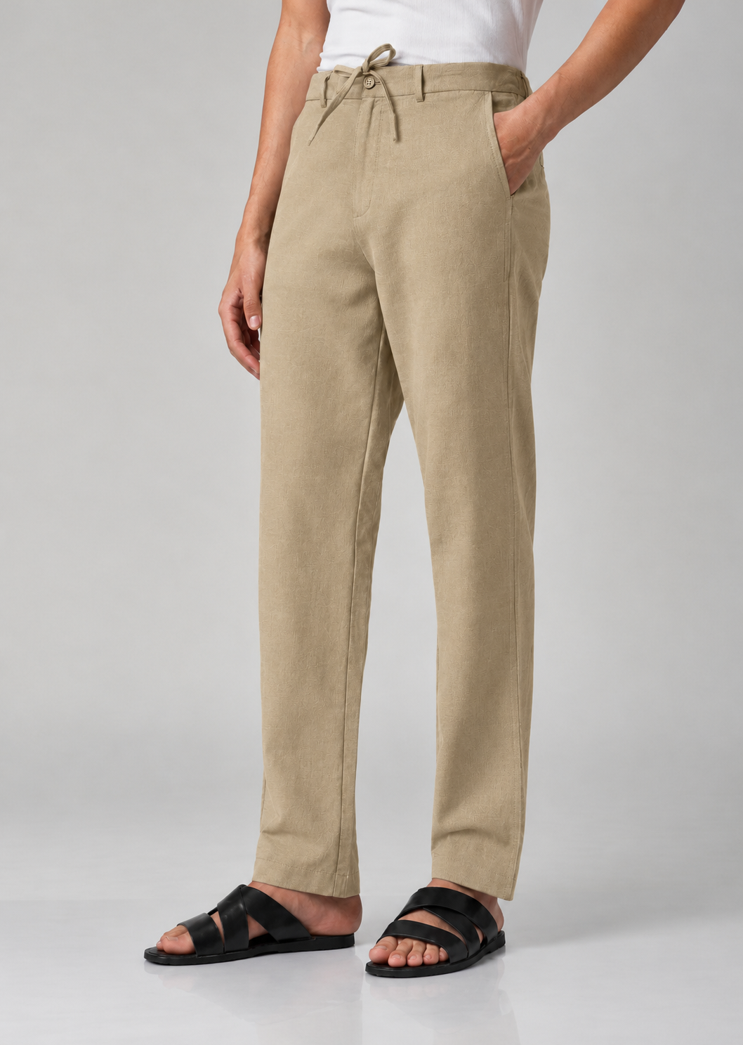 Men's Khaki Cotton Linen Slim Fit Trousers