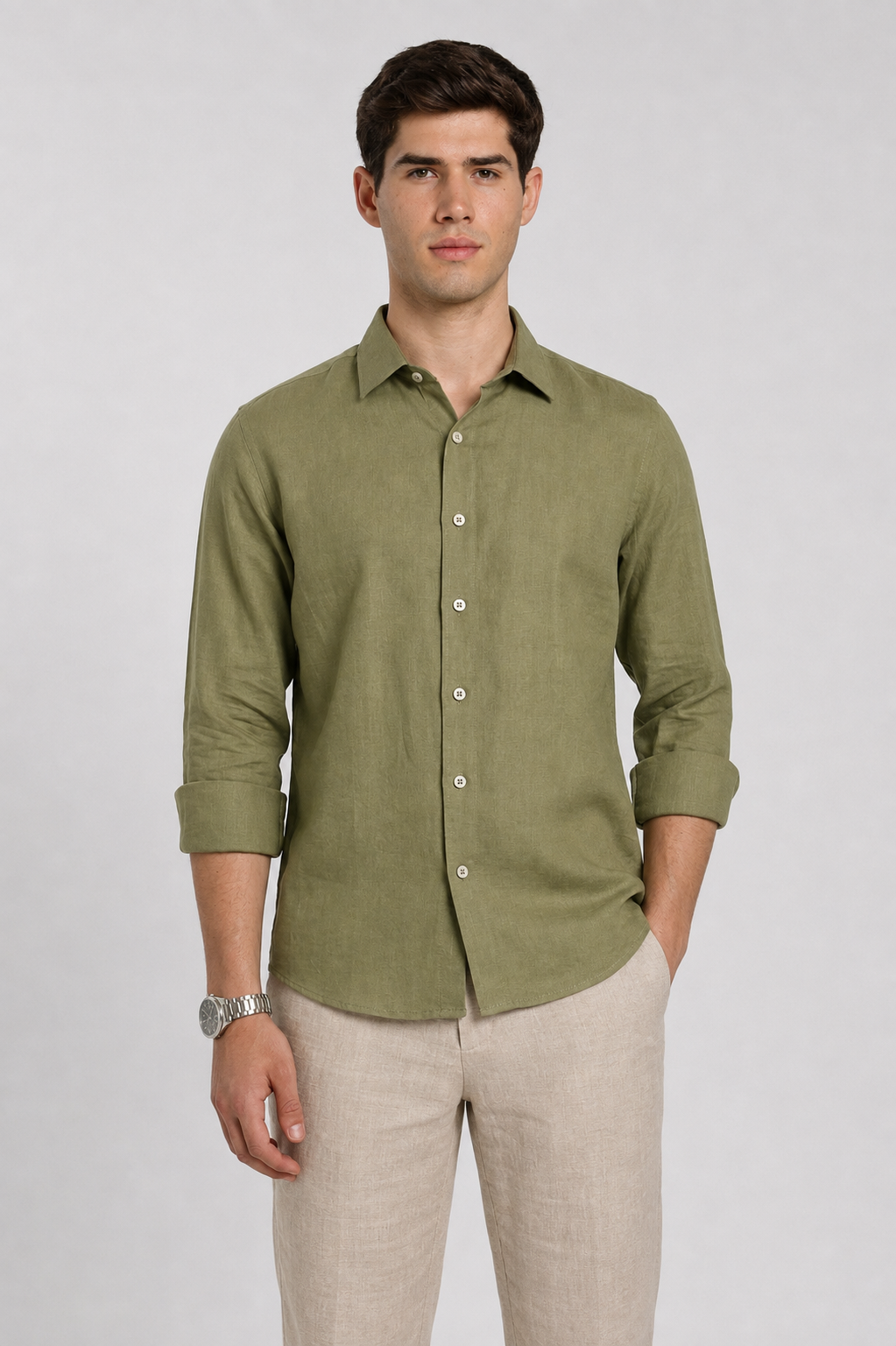 Man wearing a sage green linen slim fit full sleeve casual shirt by Duch Clothing