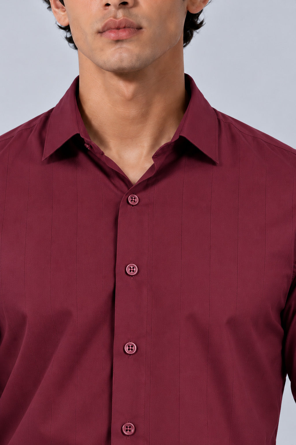 Men's Maroon Satin Stripe Slim Fit Full Sleeve Formal Shirt