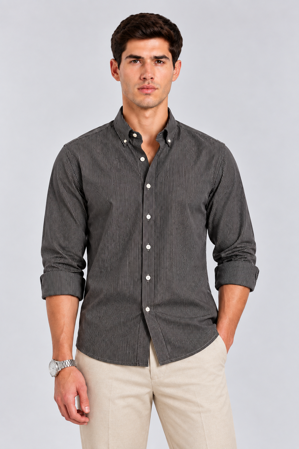 Men's Black imported Vertical Stripes Shirt-Slim Fit
