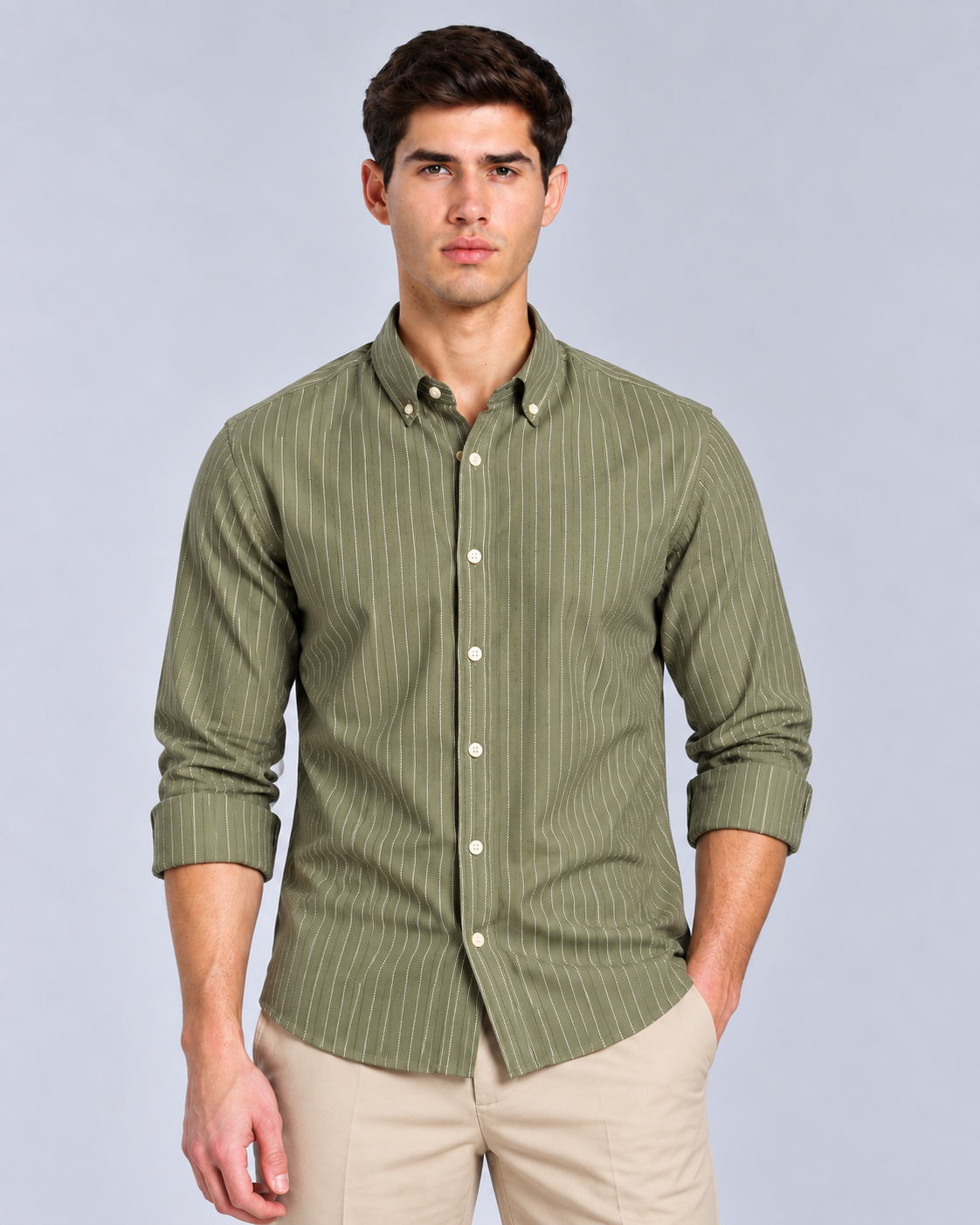 Men’s Light Green Striped Shirt-Slim Fit