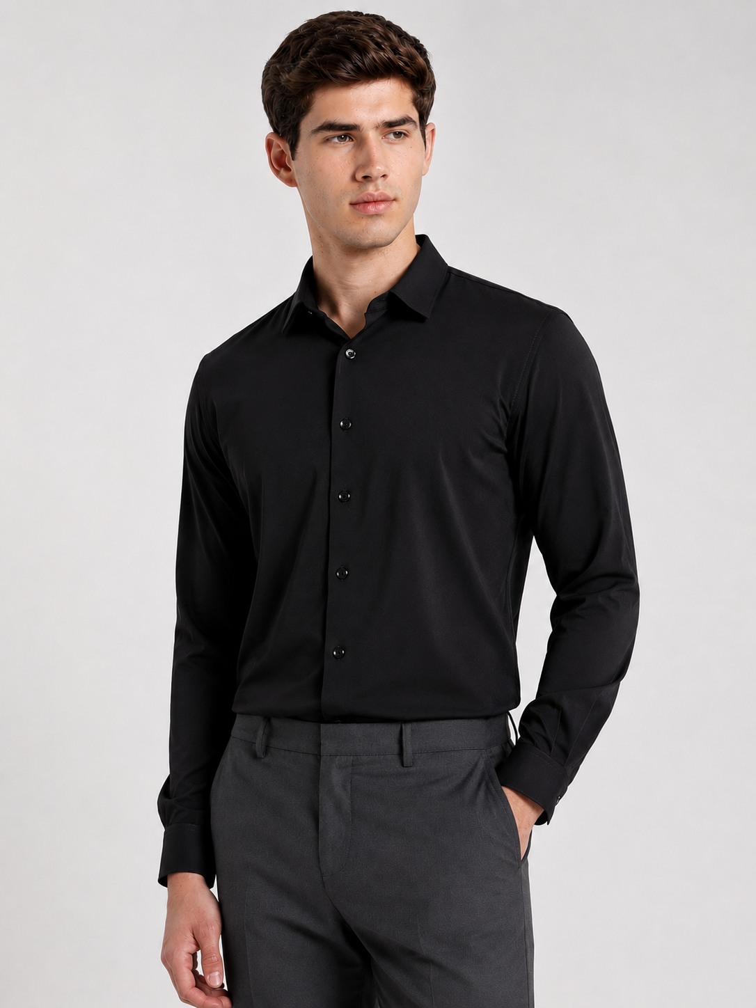 Men's Slim Fit Black Cotton Shirt