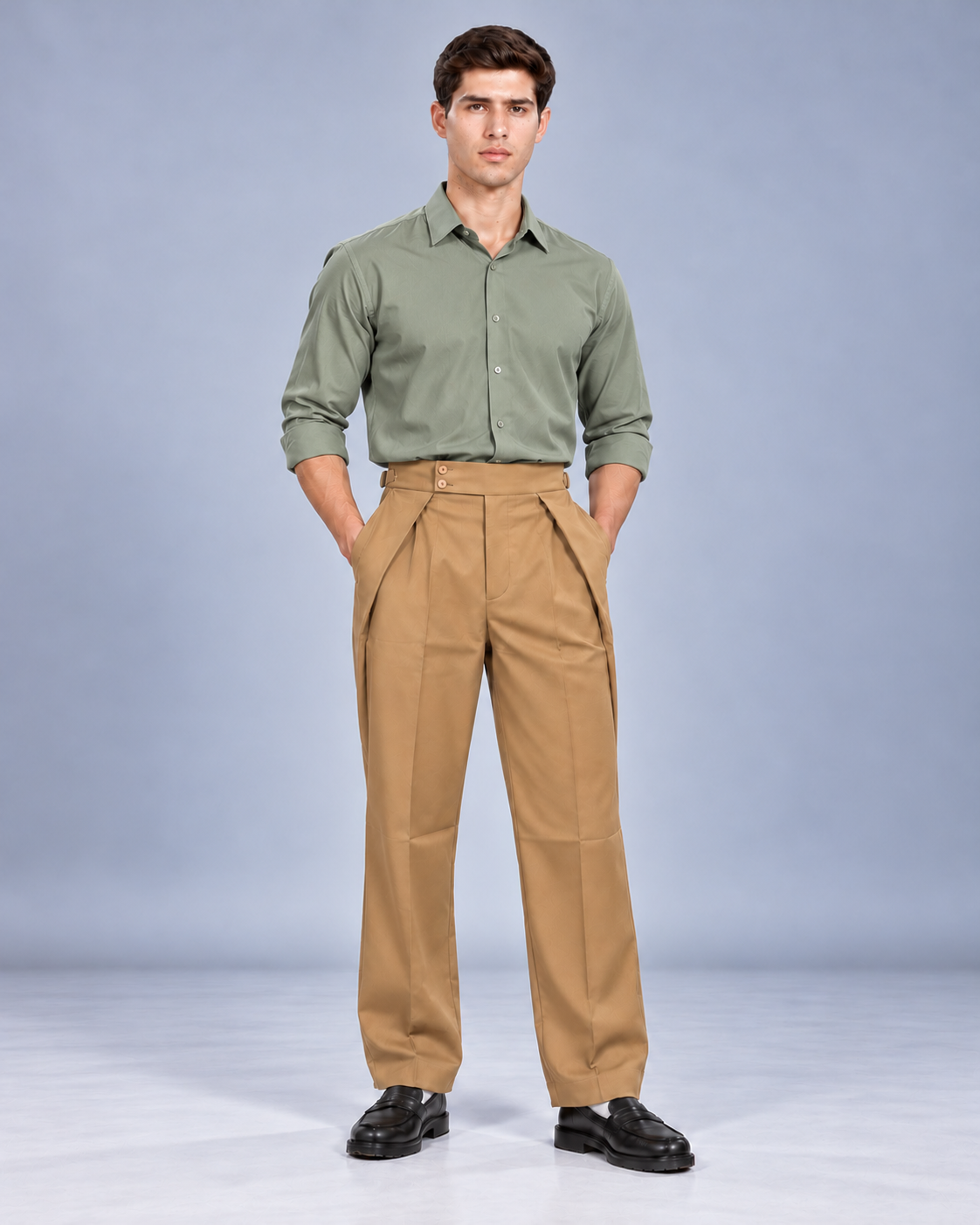 Men's Camel Gurkha Pleated Formal Trousers