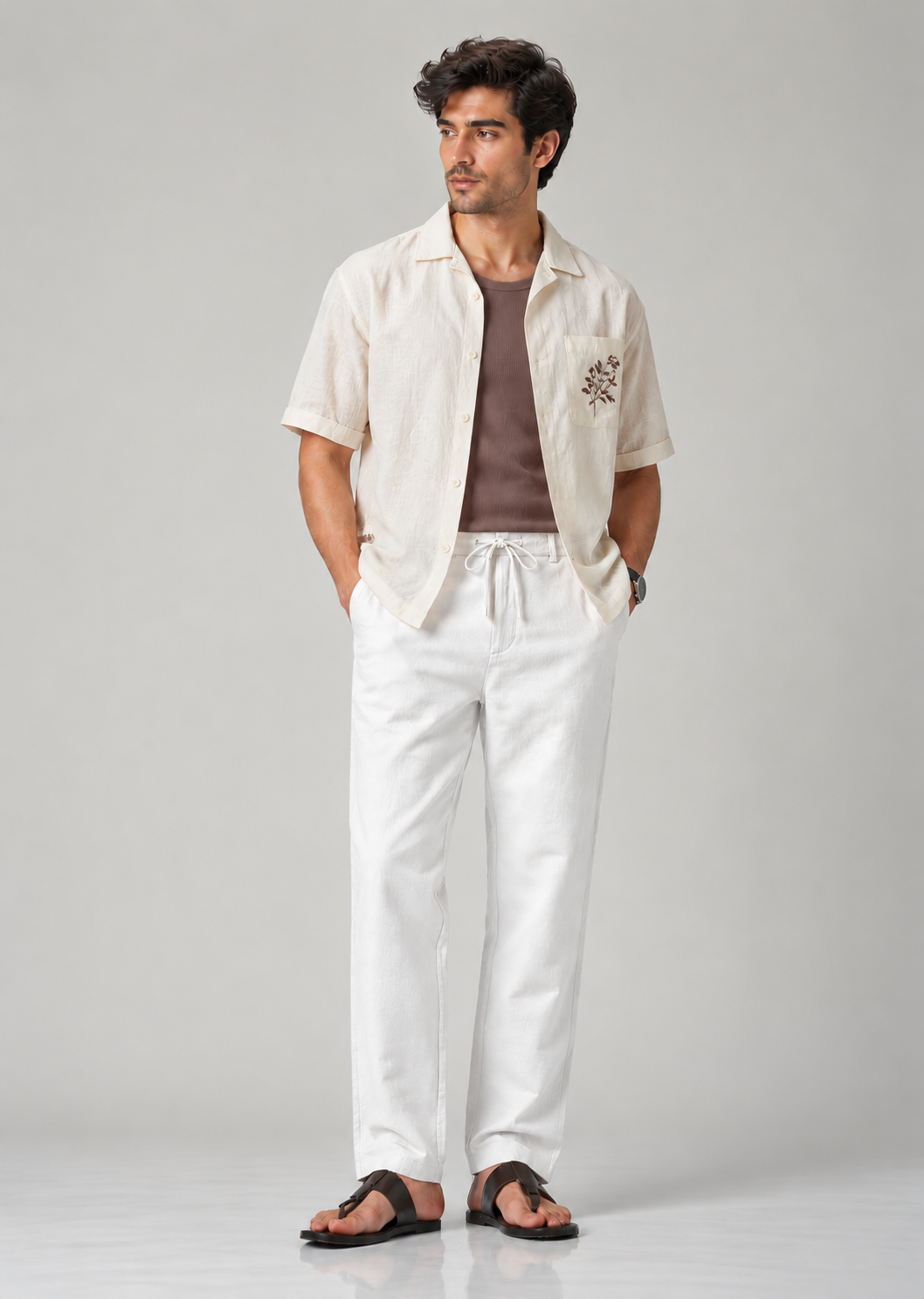 Men's White Cotton Linen Slim Fit Trousers