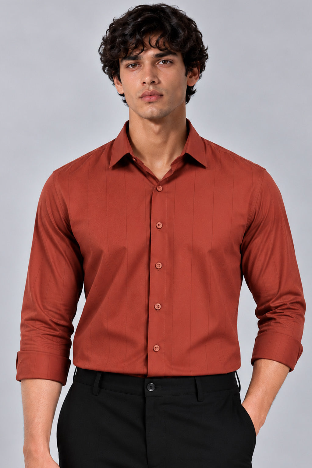 Men's Rush Orange Satin Stripe Slim Fit Full Sleeve Formal Shirt