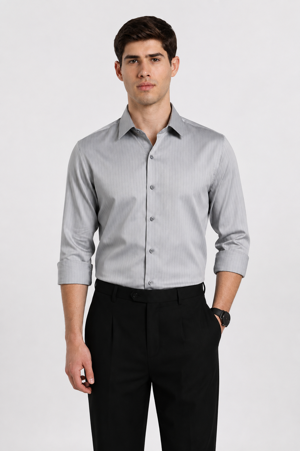 Silver grey satin slim fit shirt – full view | Duch Clothing