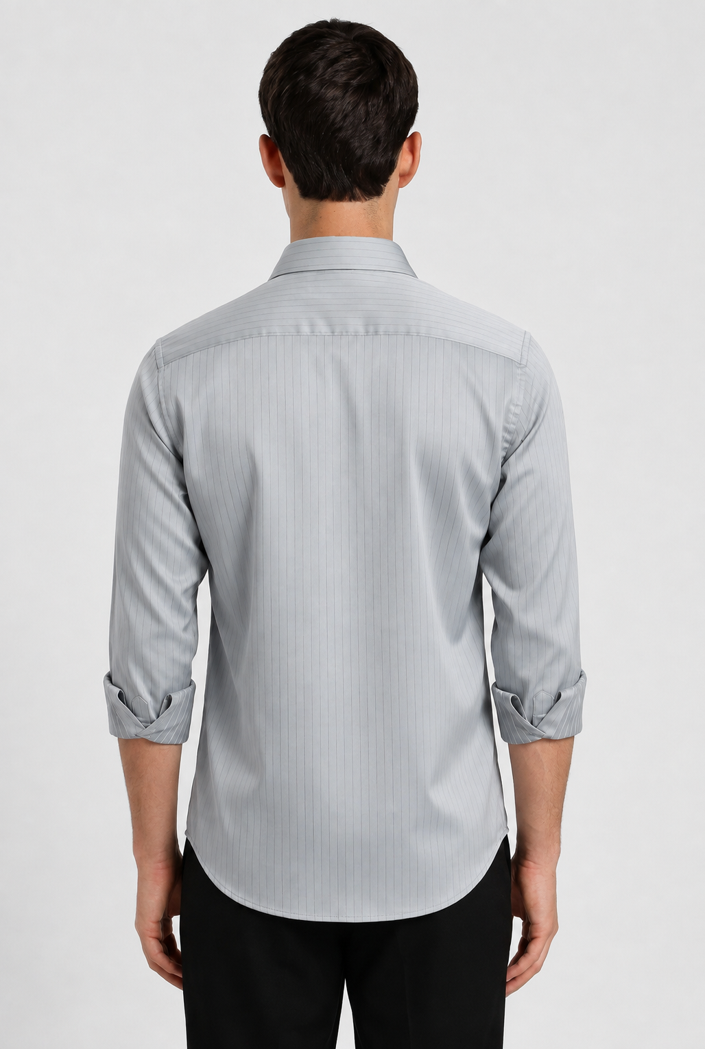 Silver grey satin shirt – back view | Duch Clothing