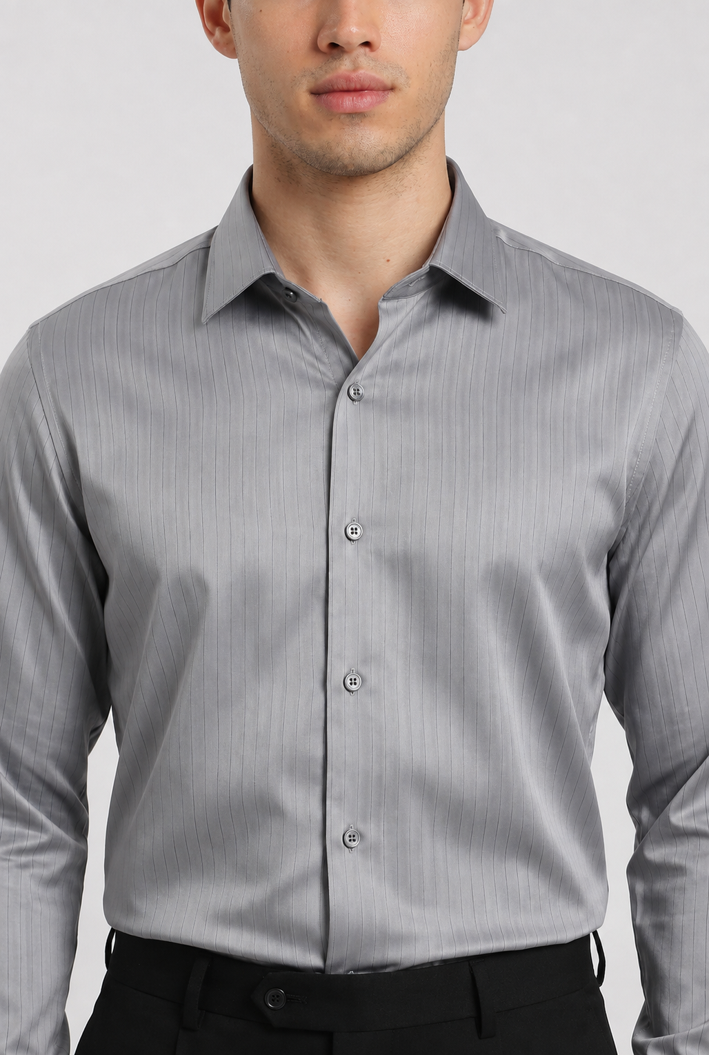 Silver grey satin shirt – half view | Duch Clothing
