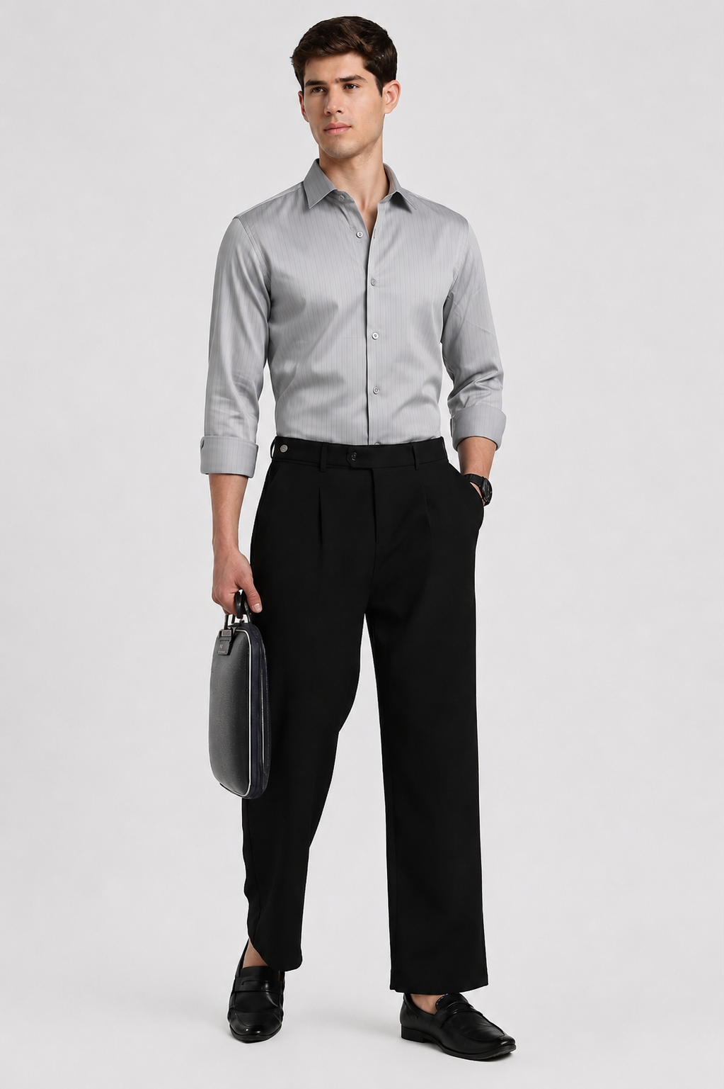 Man wearing a silver grey satin slim fit full sleeve formal shirt by Duch Clothing