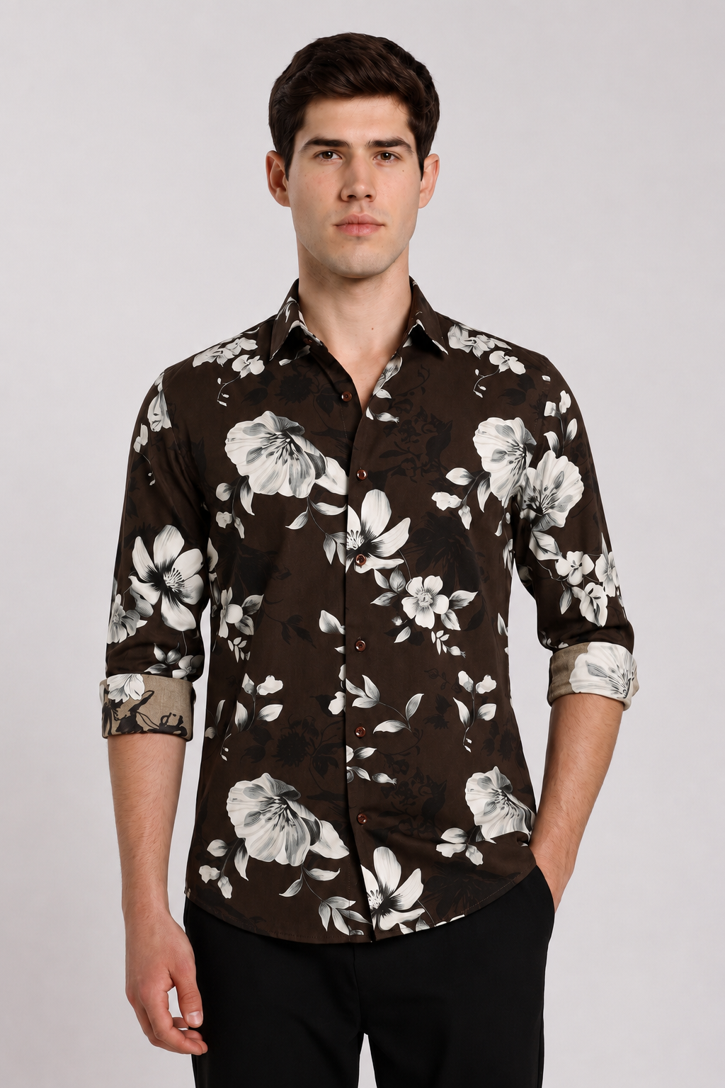 Men's Brown Floral Print Regular Fit Casual Shirt