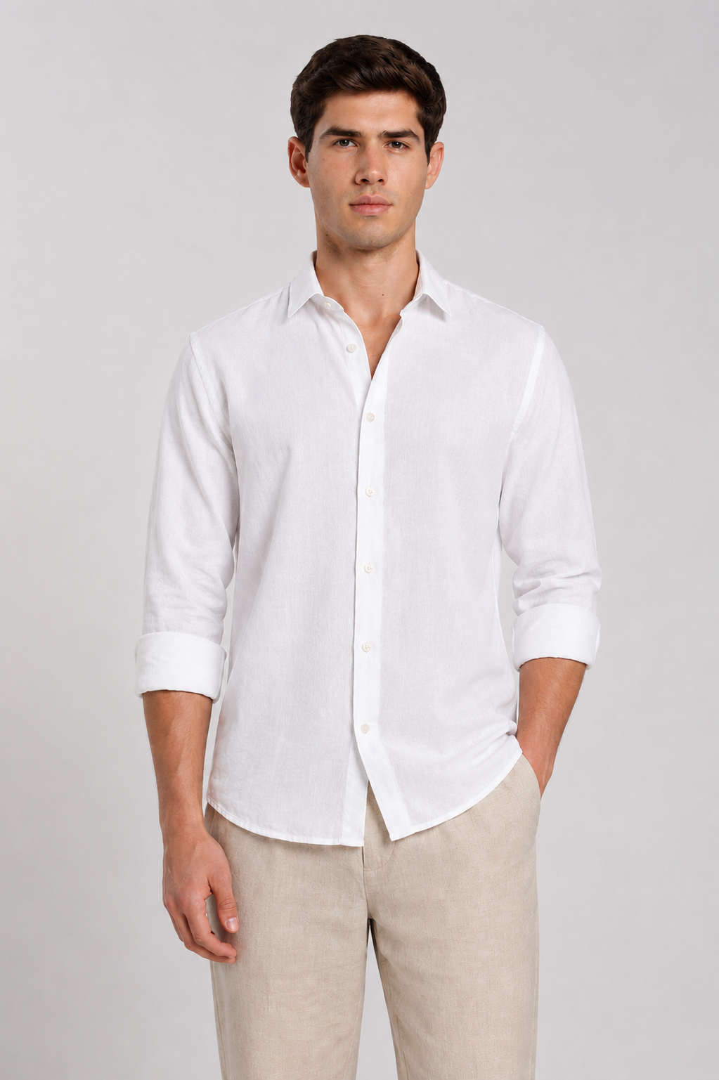 Men's White Linen Slim Fit Full Sleeve Casual Shirt