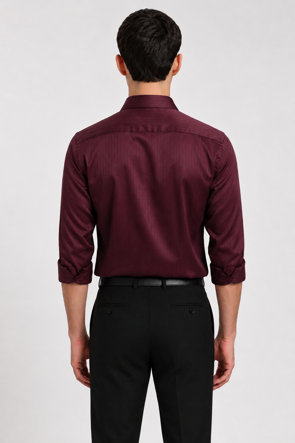 Wine maroon satin shirt – back view | Duch Clothing