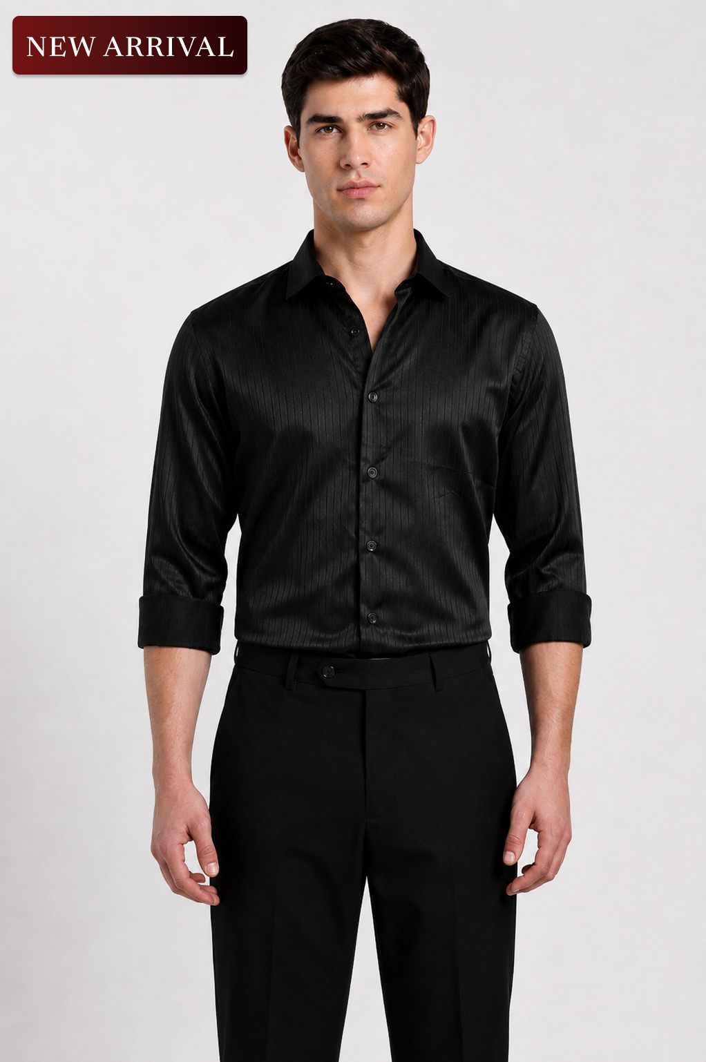 Men's Black Satin Stripe Slim Fit Full Sleeve Formal Shirt