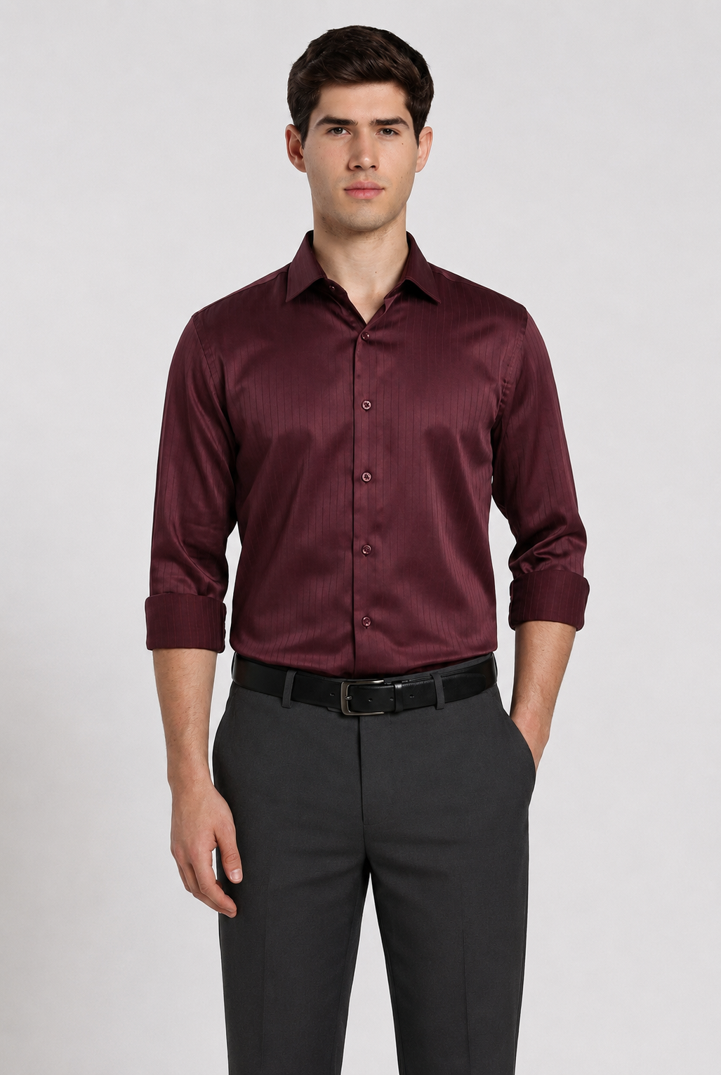 Man wearing a wine maroon satin slim fit full sleeve formal shirt by Duch Clothing