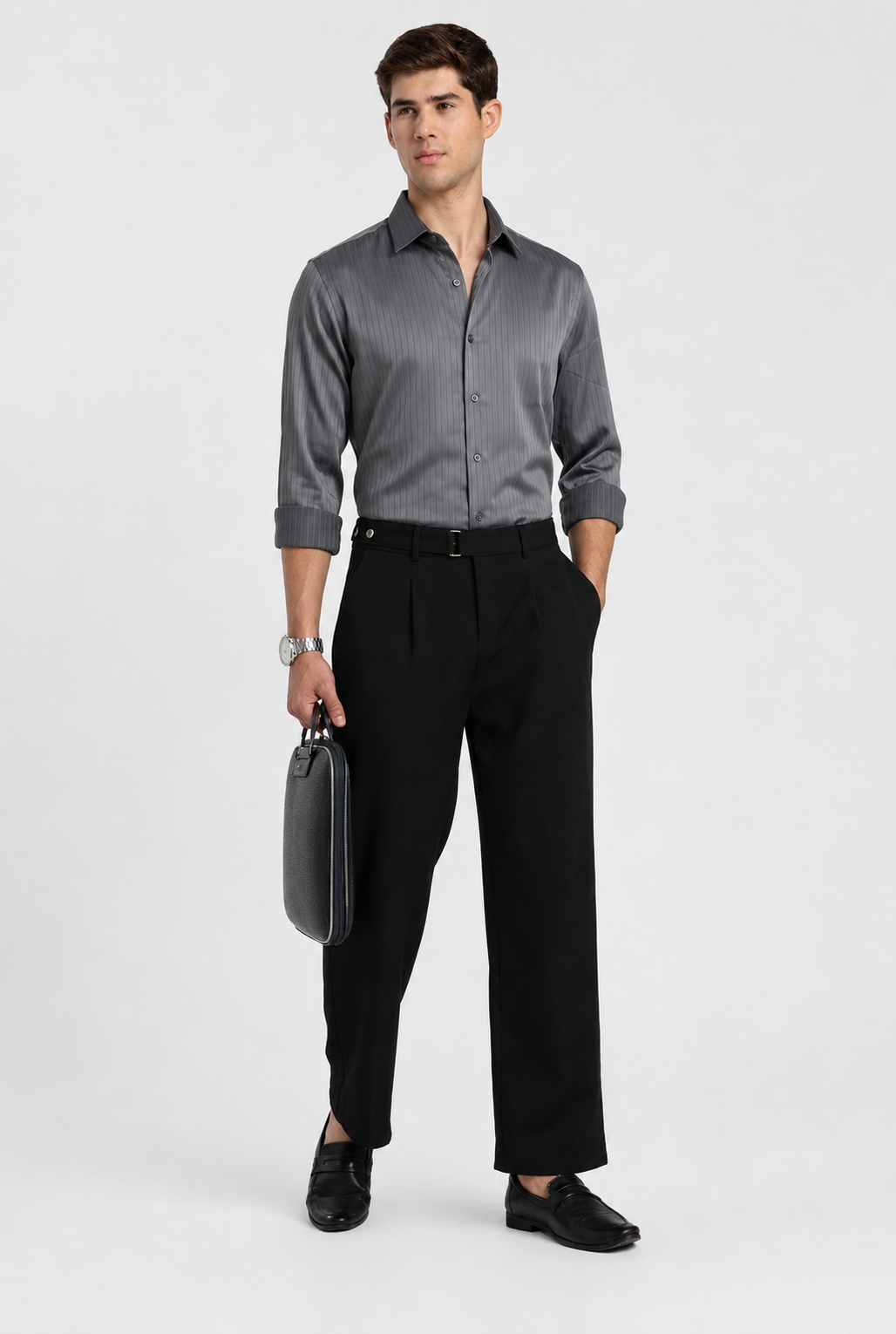 Man wearing a charcoal grey satin stripe slim fit full sleeve formal shirt by Duch Clothing