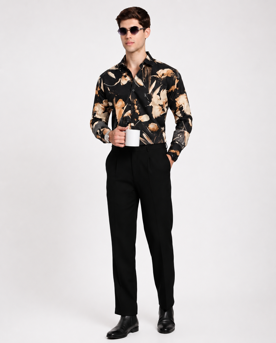 Men's Black Floral Print Regular Fit Casual Shirt