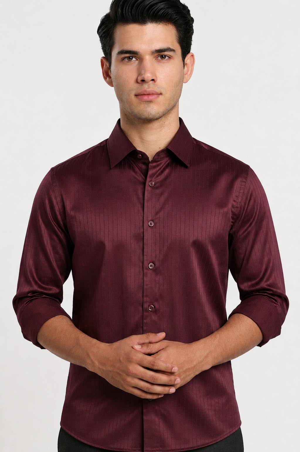 Wine maroon satin shirt – half view | Duch Clothing