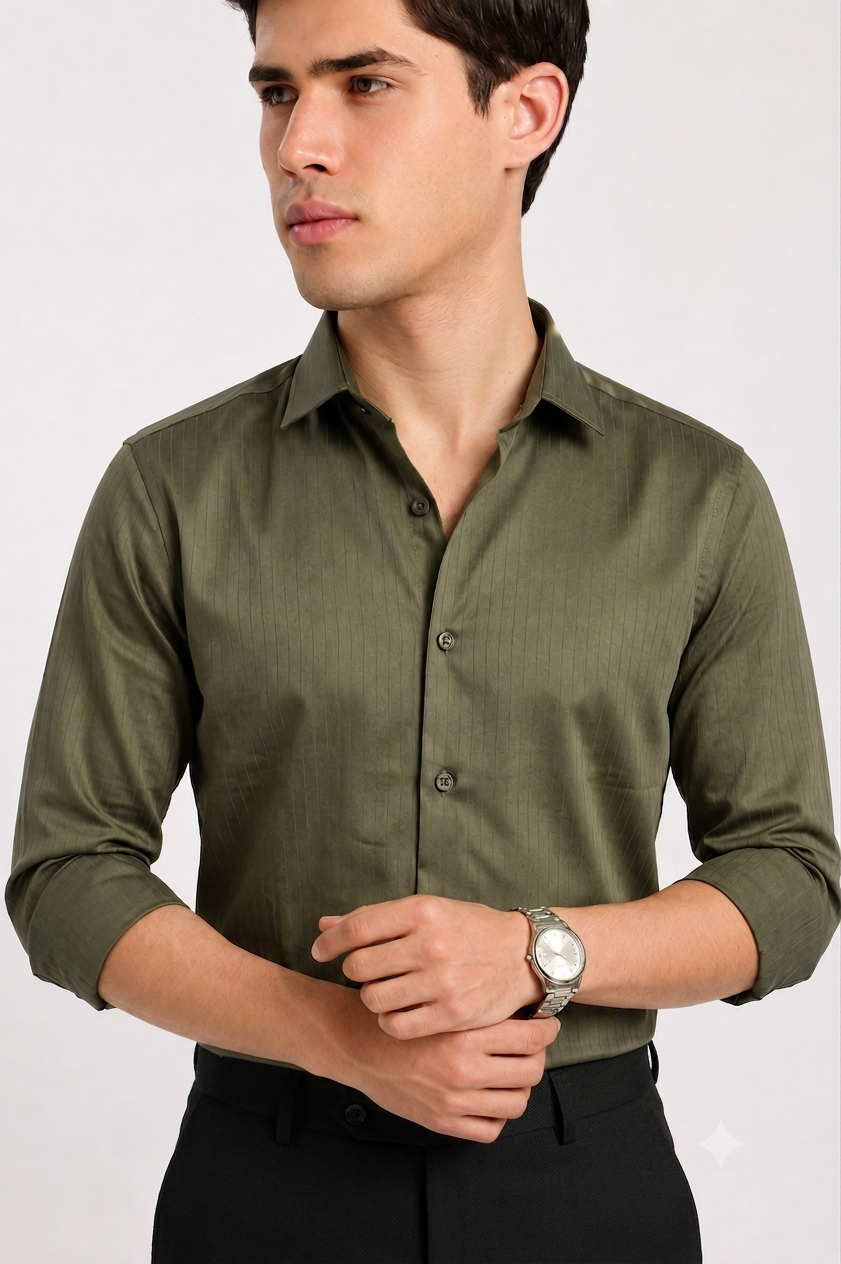 Close-up of olive green satin stripe fabric texture | Duch Clothing