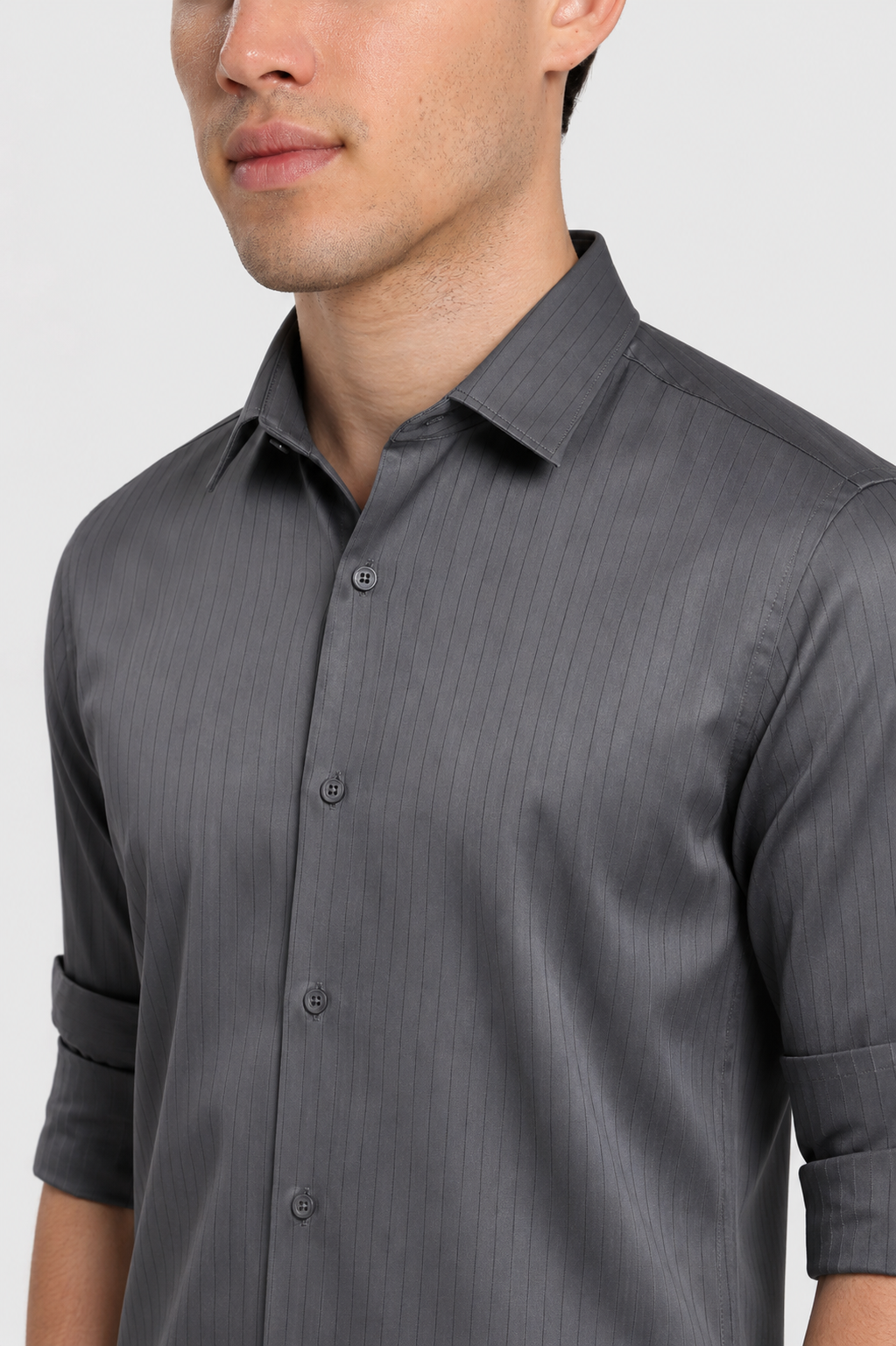 Charcoal grey satin stripe shirt – half view | Duch Clothing