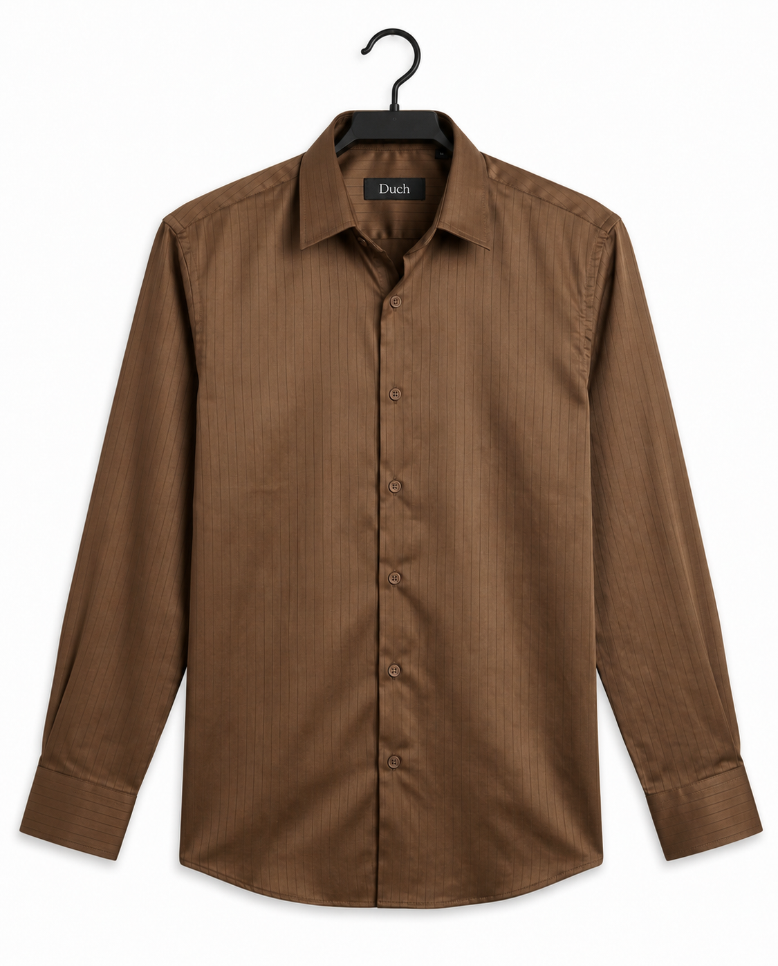 Coffee brown satin slim fit shirt on hanger | Duch Clothing